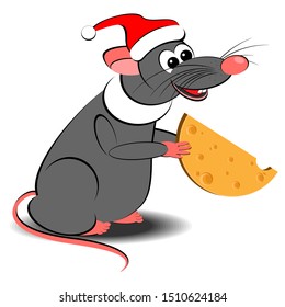 Cartoon Metallic Gray Rat with cheese - New Year card. Vector illustration