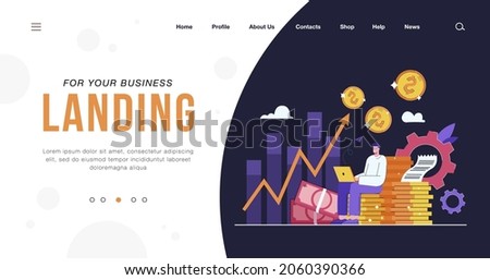 Cartoon metaphor of investment profits vector illustration. Employee, investor or businessman working on computer, making investing plans and getting dividends, capital growth. Business, money concept