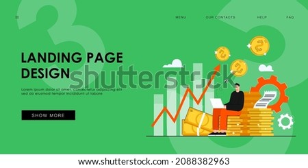 Cartoon metaphor of investment profits vector illustration. Employee, investor or businessman working on computer, making investing plans and getting dividends, capital growth. Business, money concept