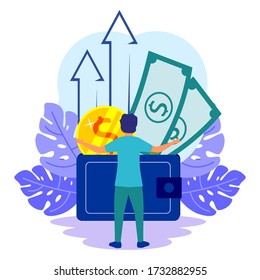 Cartoon Metaphor of Personal Financial Targets. Young Entrepreneurs Standing on Piles of Coins Showing Gold Dollars. Wallet with Cash Paper. Loan Offer. Flat Illustration Illustration.