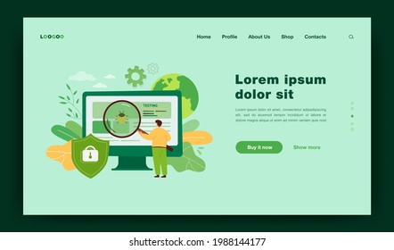 Cartoon metaphor of software assurance application or service. Flat vector illustration. Tiny man with giant loupe testing quality, fixing bugs in computer hardware. Web protecting, antivirus concept
