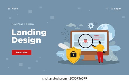 Cartoon metaphor of software assurance application or service. Flat vector illustration. Tiny man with giant loupe testing quality, fixing bugs in computer hardware. Web protecting, antivirus concept