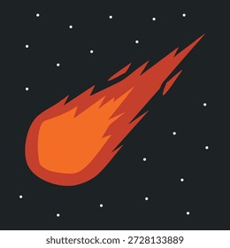 Cartoon meteor with an orange fireball and flame trail flying through a starry dark sky