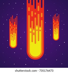 Cartoon meteor rain. Comets falling down. Heavenly body. Vector meteorite. Shooting stars in space. Vector illustration on colorful background.