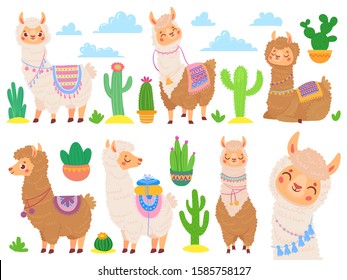 Cartoon mexican alpaca. Funny llamas, cartoon cute animal and llama with desert cactus. Sweet alpaca stickers, mexico fluffy drama llamas characters. Isolated vector icons set