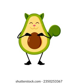 Caricatura del personaje mexicano aguacate. Vector aislado fantasía juguetona vegetación animal vegetal con cara kawaii, emoji adorable, mascota caprichosa que combina gatito con verdura aguacate