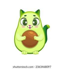 Caricatura del personaje mexicano aguacate. Personaje de mascotas captado aislado que combina gatito con verdura aguacate. Fantasía juguetona vegetación animal con cara kawaii, emoji adorable