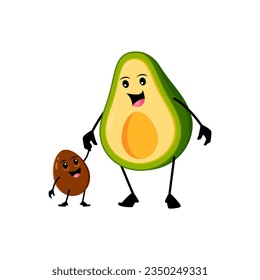 Caricatura de aguacate mexicano con nogal. Vector de frutas tropicales de padres divertidos y semillas de niños cogidos de la mano. Adorables personajes familiares caminando, excusando el encanto y la unión