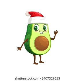 Cartoon Mexican avocado character in Santa hat for winter holiday, vector emoji or kawaii emoticon. Cute cheerful avocado Santa for Christmas, New Year or Feliz Navidad party celebration personage