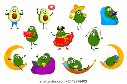 Cartoon mexican avocado characters vector set. Cute vegetable sleep and sit on the moon, showing muscles, jump with rope and dancing flamenco. Eating watermelon or nachos, reading book, work on laptop