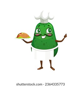 Caricatura mexicana de aguacate personaje de chef con taco para menú de cocina, comida vectorial. Funny cocinero de aguacate en delantal y sombrero con taco mexicano en plato para el emoji chico o emoticono lindo kawaii