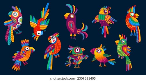 Cartoon Mexican and Brazilian parrots, kids funny bird characters, vector ornament pattern. Mexico or Brazil parrot birds with folk ethnic ornament or Latin alebrije art in colorful tropical birds