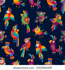 Cartoon mexican and brazilian parrots seamless pattern. Fabric or textile print, seamless background. Wrapping paper backdrop vector pattern with tropical jungle colorful ornamental parrots birds