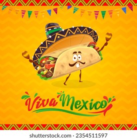 Cartoon mexican burrito character. Mexican holiday banner with funny tex mex food personage wear mariachi sombrero, playing traditional Viva Mexico rhythms on maracas during festive event celebration