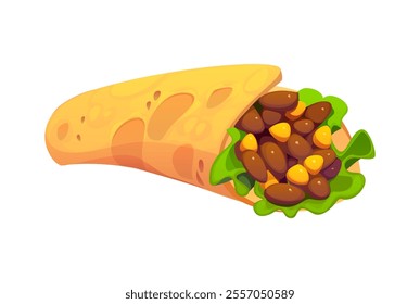 Cartoon Mexican burrito features wrapped tortilla brimming with beans, corn, and fresh lettuce captures essence of authentic Mexican cuisine. Isolated vector appetizing classic culinary meal of Mexico