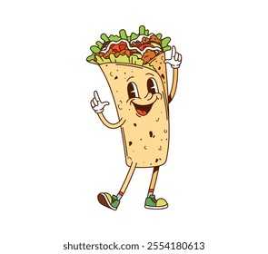 Cartoon Mexican burrito groovy fast food character gesturing to funky retro beat. Isolated vector shawarma comic fastfood personage, tasty meal with a vintage nostalgic 60s or 70s vibes and sneakers