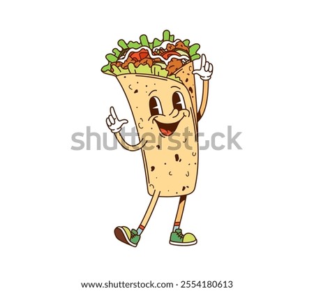 Cartoon Mexican burrito groovy fast food character gesturing to funky retro beat. Isolated vector shawarma comic fastfood personage, tasty meal with a vintage nostalgic 60s or 70s vibes and sneakers