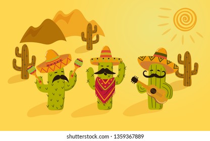 Cartoon mexican cactus. Card design. Vector illustration.