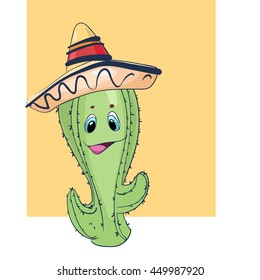 Cartoon Mexican Cactus Character/ Illustration of a funny cartoon happy mexican desert cactus plant character wearing sombrero