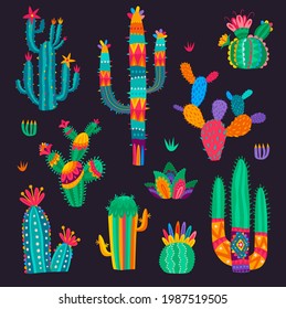 Cartoon mexican cactus flowers, desert succulent set. Vector cacti in colorful psychedelic style. Desert plants with spikes or blossoms, tropical flora design elements for cinco de mayo greeting cards