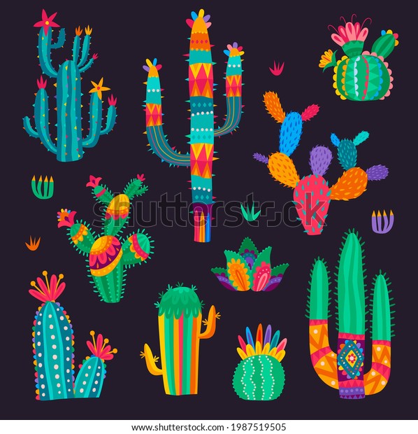 Cartoon mexican cactus flowers, desert succulent\
set. Vector cacti in colorful psychedelic style. Desert plants with\
spikes or blossoms, tropical flora design elements for cinco de\
mayo greeting cards