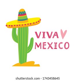 Cartoon Mexican Cactus in hat Sombrero with text viva Mexico. Colorful Vector  illustration isolated on white background.