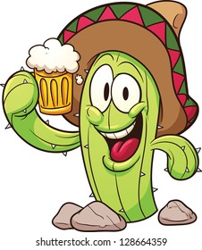 Cartoon mexican cactus holding a beer. Vector clip art illustration with simple gradients. All in a single layer.