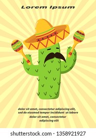 Cartoon mexican cactus with maracas. Card design. Vector illustration.