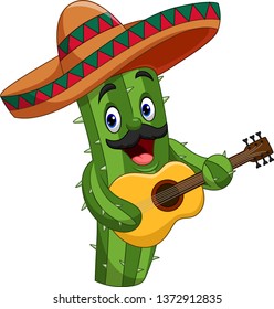 Cartoon Mexican Cactus playing guitar