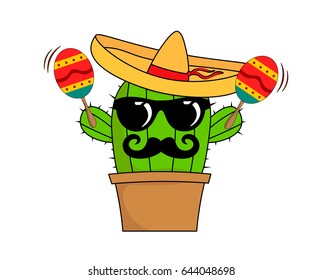 A cartoon mexican cactus playing music with maracas in a pot