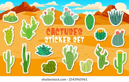 Paquete de pegatinas suculentas de cactus mexicano de dibujos animados de plantas espinosas del desierto, iconos vectoriales. Peyote y cactus opuntia, suculentas del cañón de Texas, saguaro con pinchazos y flores de agave para pegatinas de dibujos animados