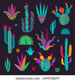 Cartoon mexican cactus, vector cacti in colorful doodle style isolated on background. Desert cactus plants with spikes and flowers, tropical flora elements for mexican greeting cards