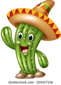 Cartoon Mexican cactus waving hand 