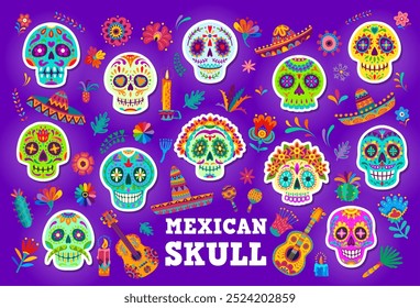 Calavera mexicana de dibujos animados calavera calavera pegatinas para fiesta de vacaciones en México, iconos vectoriales. Día de Muertos o Día de los Muertos pegatinas de calaveras de azúcar de calavera divertidas en sombrero con flores de caléndula