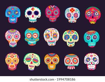 Cartoon mexican calavera sugar skulls vector set. Dead day decoration, Dia de los muertos craniums with flowers and floral pattern. Traditional Mexico festival symbolic, Death holiday celebration