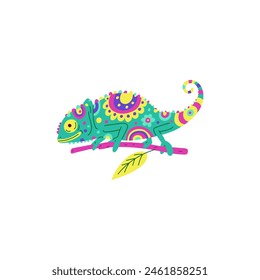 A cartoon Mexican chameleon with a colorful alebrije pattern sitting on a branch. Colorful tropical lizard, cheerful vector character on isolated background.