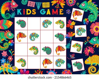 Cartoon mexican chameleons and flowers on kids sudoku game worksheet. Kindergarten kids playing activity, children logical puzzle vector worksheet. Child educational quiz with mexico jungle lizard