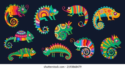 Cartoon Mexican chameleons lizards with folk ethnic ornament, vector reptiles. Tropical lizard animals or chameleon lizards with Latin alebrije pattern, colorful funny characters svg