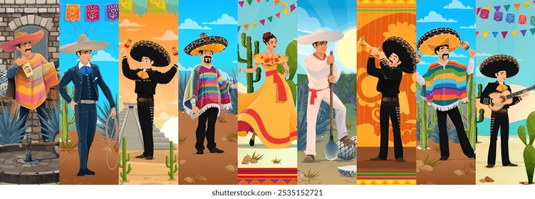 Cartoon mexicano personagens colagem apresenta mariachi, charro e dançarino personagens vestindo trajes tradicionais e chapéus sombrero, refletindo patrimônio cultural, celebrações. música, dança e festividade