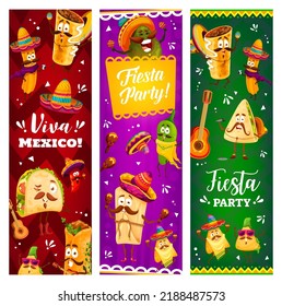 Cartoon mexican characters on fiesta party. Funny tacos and quesadilla, jalapeno, tamales and nachos, churros, chili pepper and burrito, enchilados happy cute characters in sombrero hat svg
