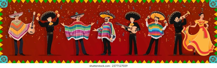 Caricatura de personajes mexicanos en carnaval de vacaciones, músicos de mariachi, vaqueros y bailarinas, personajes vectoriales. Personajes mexicanos con ropa tradicional, sombrero y poncho con guitarra y maracas