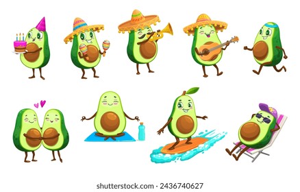 Cartoon mexican cheerful avocado characters. Cute green fruits vector personages doing yoga exercises, playing guitar, maracas and trumpet, surfing, running and sunbathing with sunglasses and sombrero