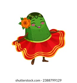 Cartoon Mexican cheerful avocado dancing woman character. Flamenco dancer isolated vector comical personage. Avocado cute mascot or tropical fruit childish woman character dancing Mexican dance