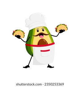 Cartoon mexican chef avocado character with tacos. Isolated vector kitchener personage wear toque hat and apron, holding tex mex food and wearing a friendly smile, adding a playful touch to culinary