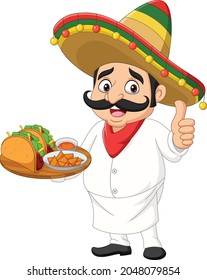 Cartoon Mexican chef with foods giving thumb up