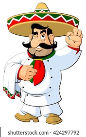 Cartoon Mexican chef in sombrero. Gesture approval.