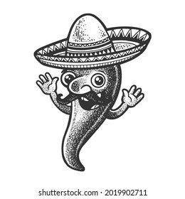 Dibujo de chile picante mexicano grabando ilustración vectorial. Diseño de impresión de ropa de camiseta. Imitación de tablero de raquetas. Imagen dibujada a mano en blanco y negro.