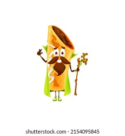 Cartoon Mexican chimichanga wizard character. Vector tex mex magician snack wiz with wooden staff in hands. Necromancer, funny stuffed roll sorcerer in cape, magic personage, traditional Mexico food svg