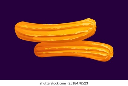 Churros mexicanos de dibujos animados. Dos palos de churro dorados con un exterior crujiente y una textura cálida y azucarada, que evoca una sensación de indulgencia y dulzura. Vector aislado tradicional tex mex pastelería, harina de panadería