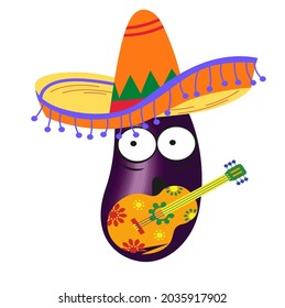 cartoon mexican classical guitar player with purple eggplant icon